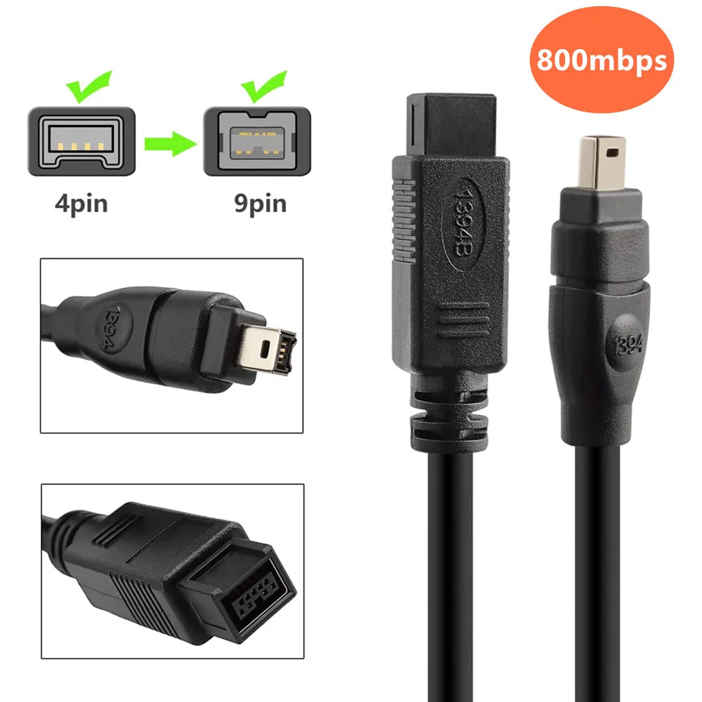 Cable FireWire 800 IEEE 1394b Bilingual 9 pin a 4pin 1.8 M Negro